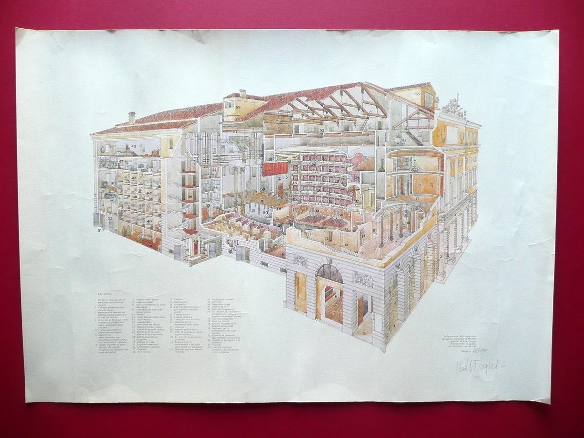 Litografia Teatro Comunale di Modena Koky Fregni Spaccato Acquerello Numerato