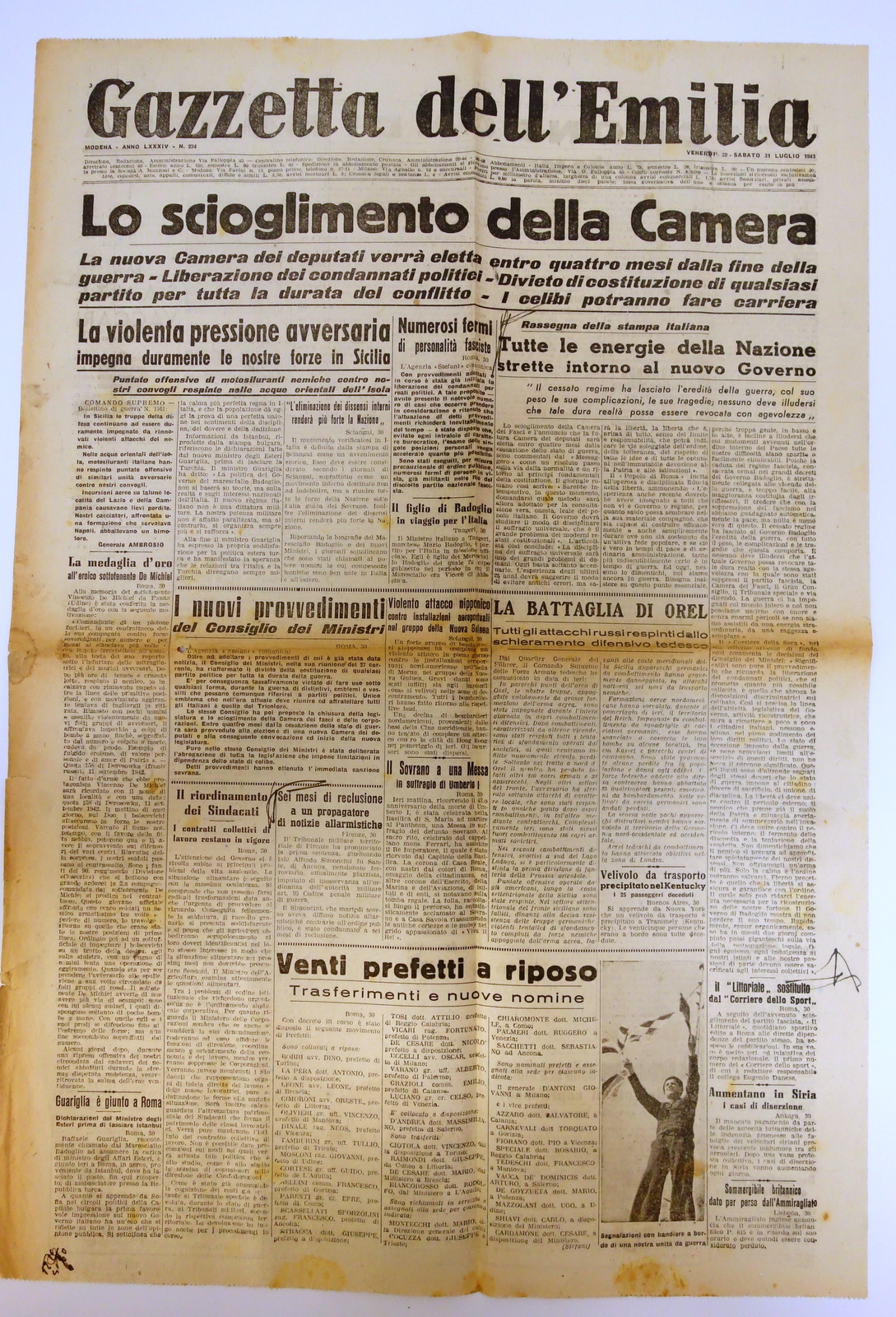 LO SCIOGLIMENTO DELLA CAMERA GAZZETTA DELL'EMILIA 30-31/7/1943 COMPLETO