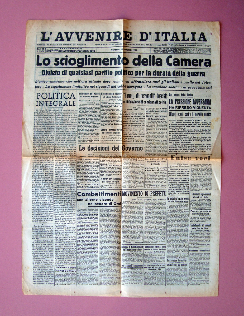 Lo Scioglimento della Camera L'Avvenire d'Italia 30/7/1943 divieto partiti