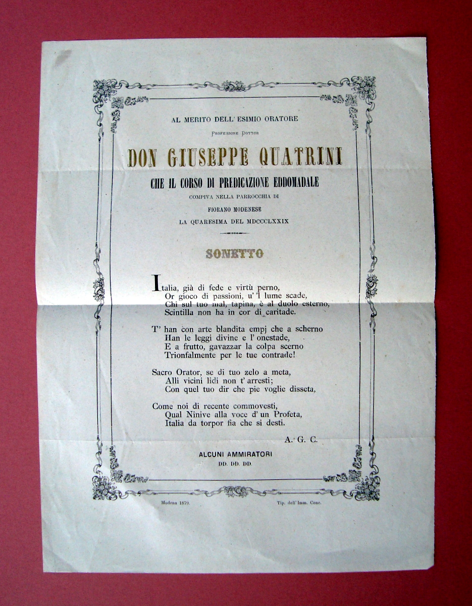 Locandina Fiorano Modenese 1879 Don Quatrini predicazione Imm. Conc. Modena