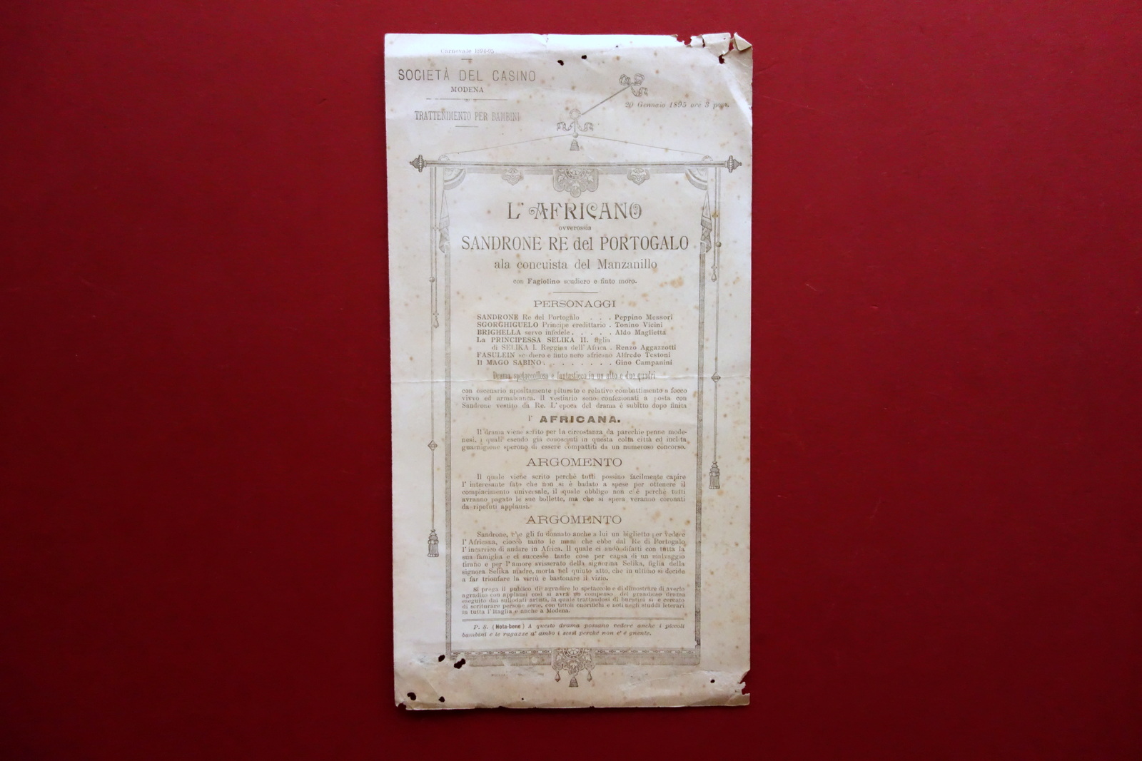 Locandina Modena L'Africano ossia Sandrone Re del Portogallo Carnevale 1894-95