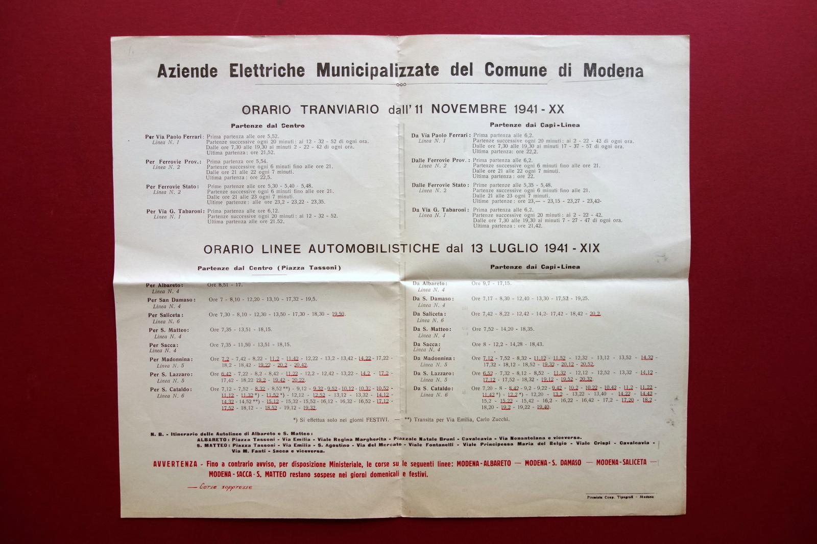 Locandina Orario Tramviario Linee Automobilistiche Comune di Modena 1941