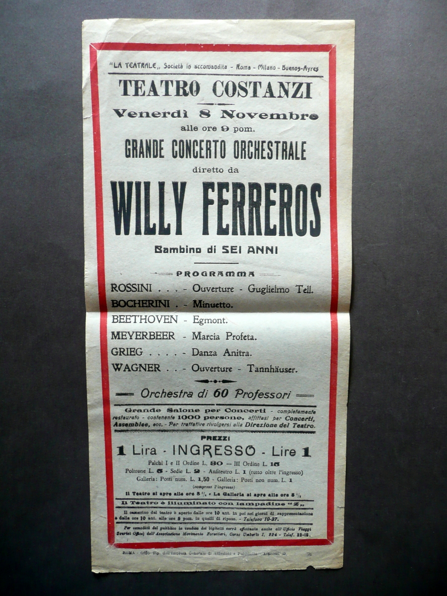 Locandina Teatro Costanzi Concerto Orchestrale Willy Ferreros 6 Anni Primo …