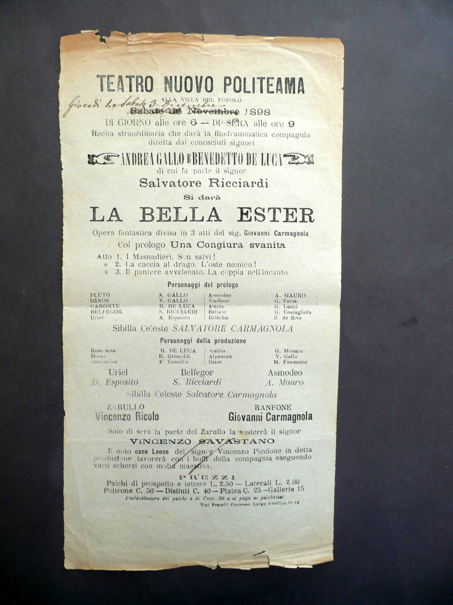 Locandina Teatro Nuovo Politeama La Bella Ester Opera Fantastica 1898