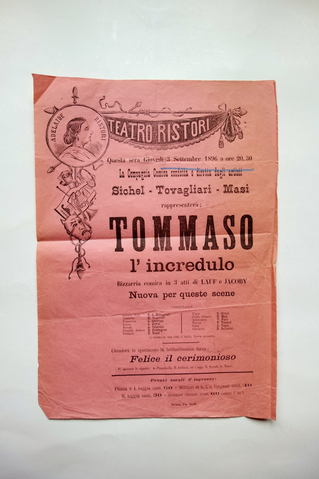 Locandina Teatro Ristori Verona Tommaso l'Incredulo Commedia 1896