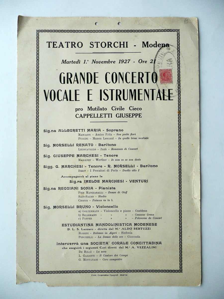 Locandina Teatro Storchi Modena Concerto pro Mutilato Cieco Cappelletti G. …