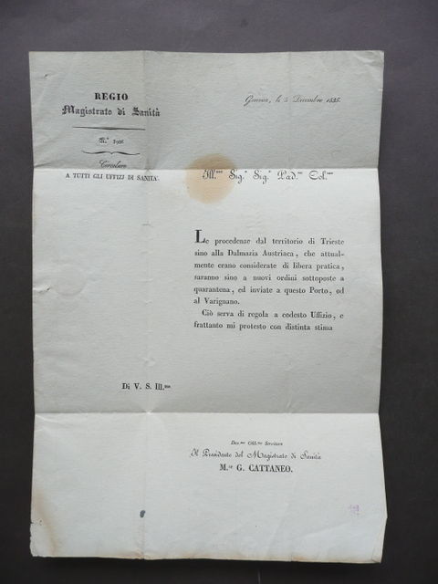 Magistrato Sanit‡ Lettera Sanitaria Territorio Trieste Dalmazia Austriaca 1835