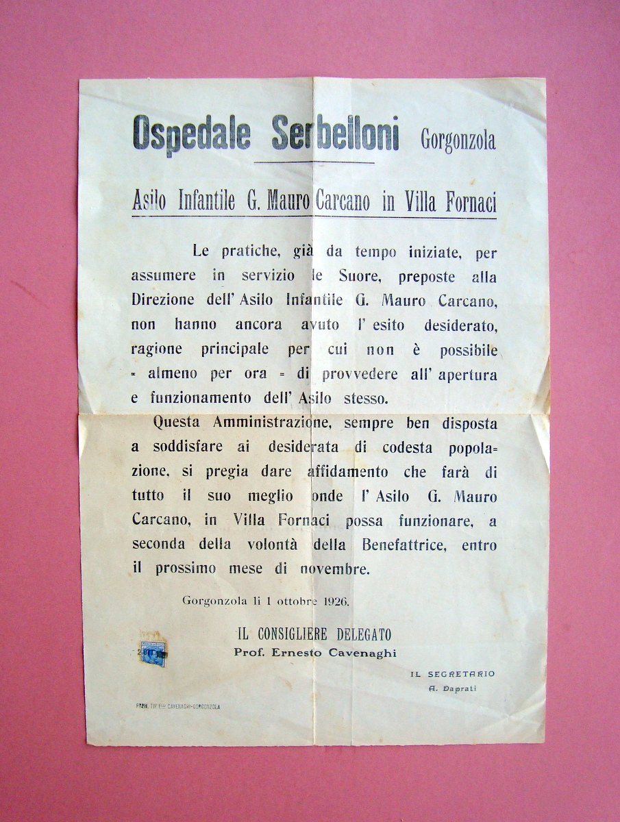 Manifesto 1926 Gorgonzola Ospedale Serbelloni Asilo Infantile G.M. Carcano