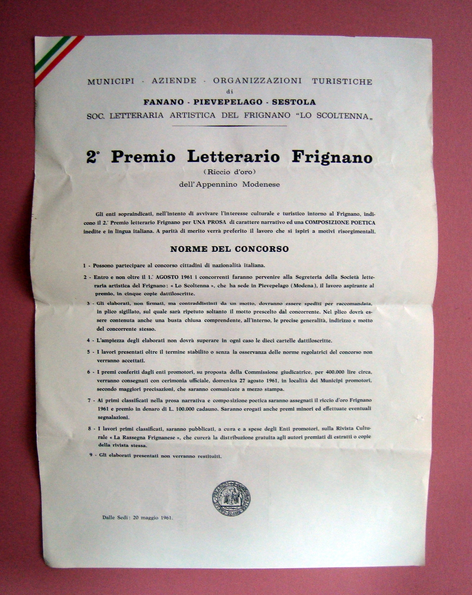 Manifesto 2∞ Premio Letterario Riccio D'oro Frignano 1961 Norme-Premi Carlo …