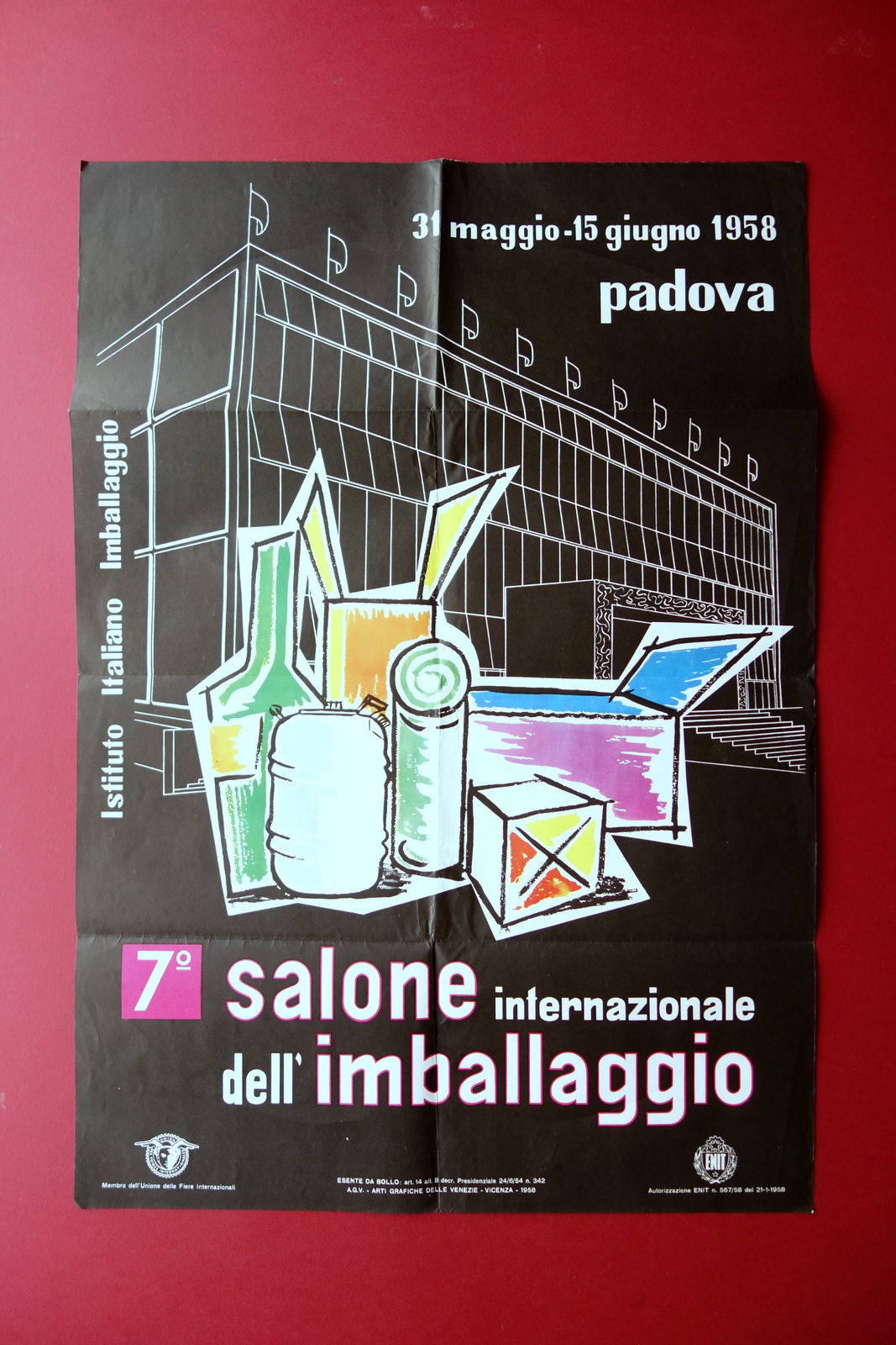 Manifesto 7∞ Salone Internazionale dell'Imballaggio 31/5-15/6 Padova 1958