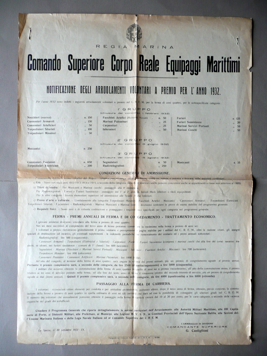 Manifesto Comando Superiore Corpo Reale Equipaggi Marittimi Arruolamento 1932