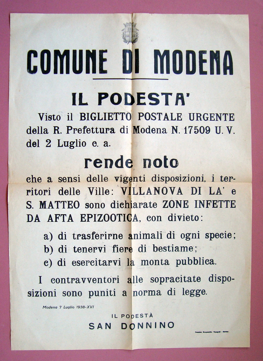 Manifesto Comune Modena 1938 San Matteo Villanova zone infette afta …