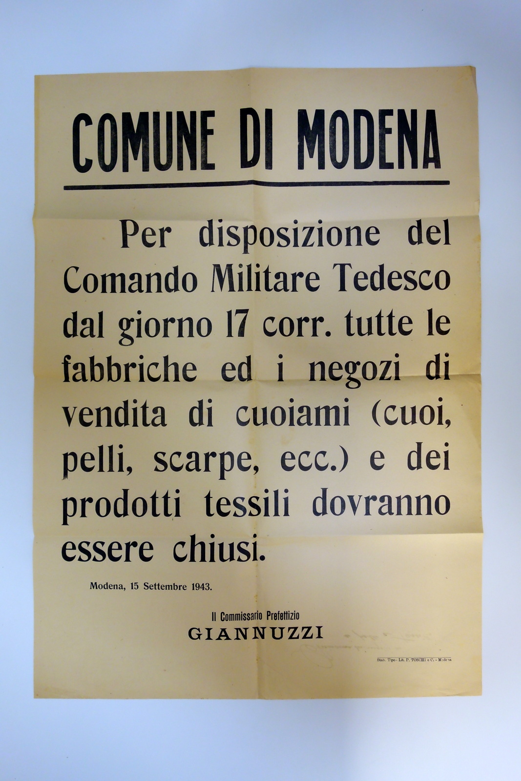 Manifesto Modena Comando Tedesco Chiusura Negozi di Pelli Cuoio 1943 …