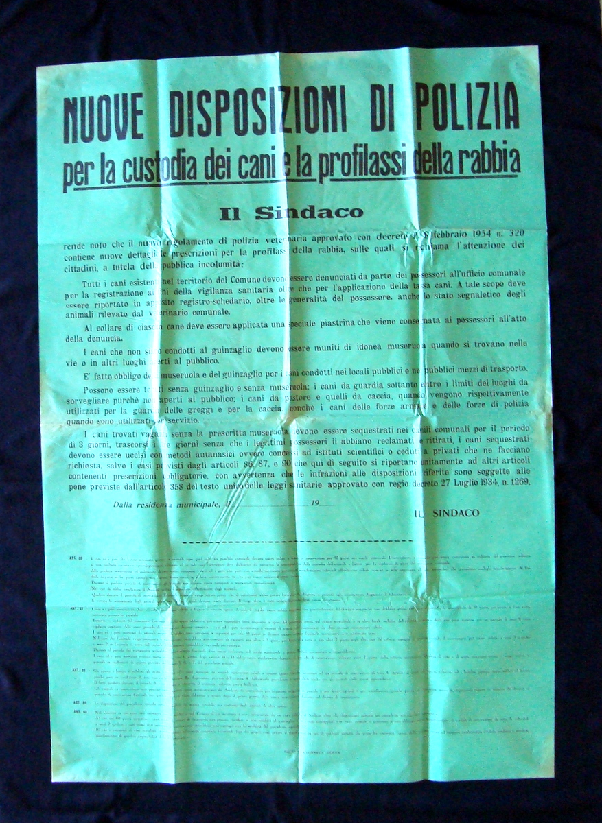 Manifesto Modena Nuove disposizioni Polizia Custodia Cani Rabbia 1954