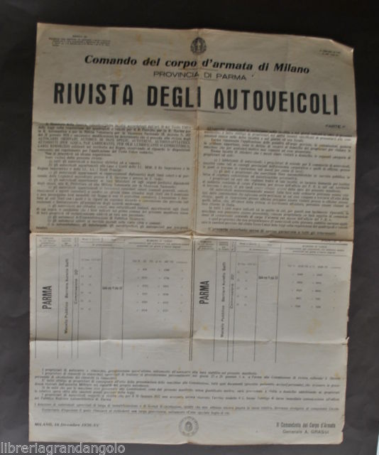 Manifesto Parma Motori Revisione Autoveicoli Autocarri Autobus Camion 1936