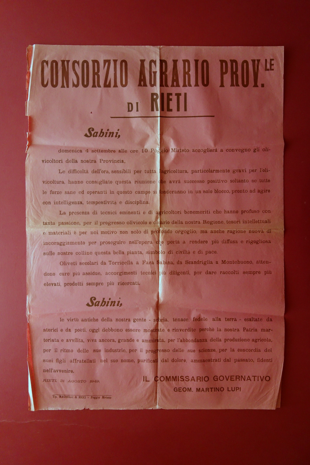 Manifesto Rieti Consorzio Agrario Provinciale Convegno Poggio Mirteto 1949 Ulivi