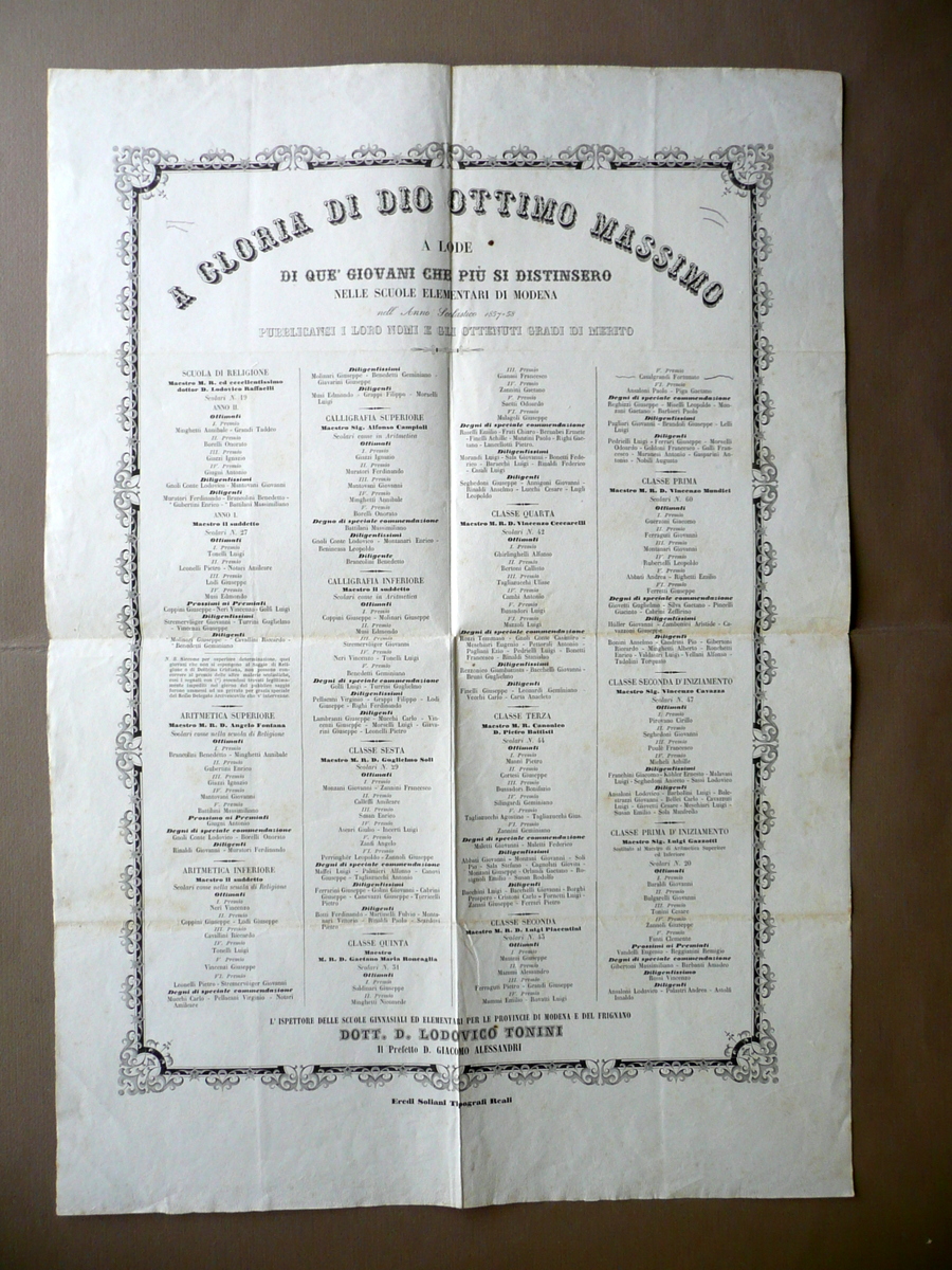 Manifesto Scuole Elementari di Modena 1857-58 Menzioni di Merito Soliani