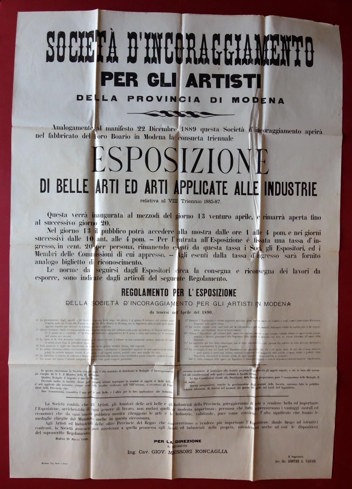 Manifesto Società Incoraggiamento per gli Artisti Modena Esposizione 1889 Norme