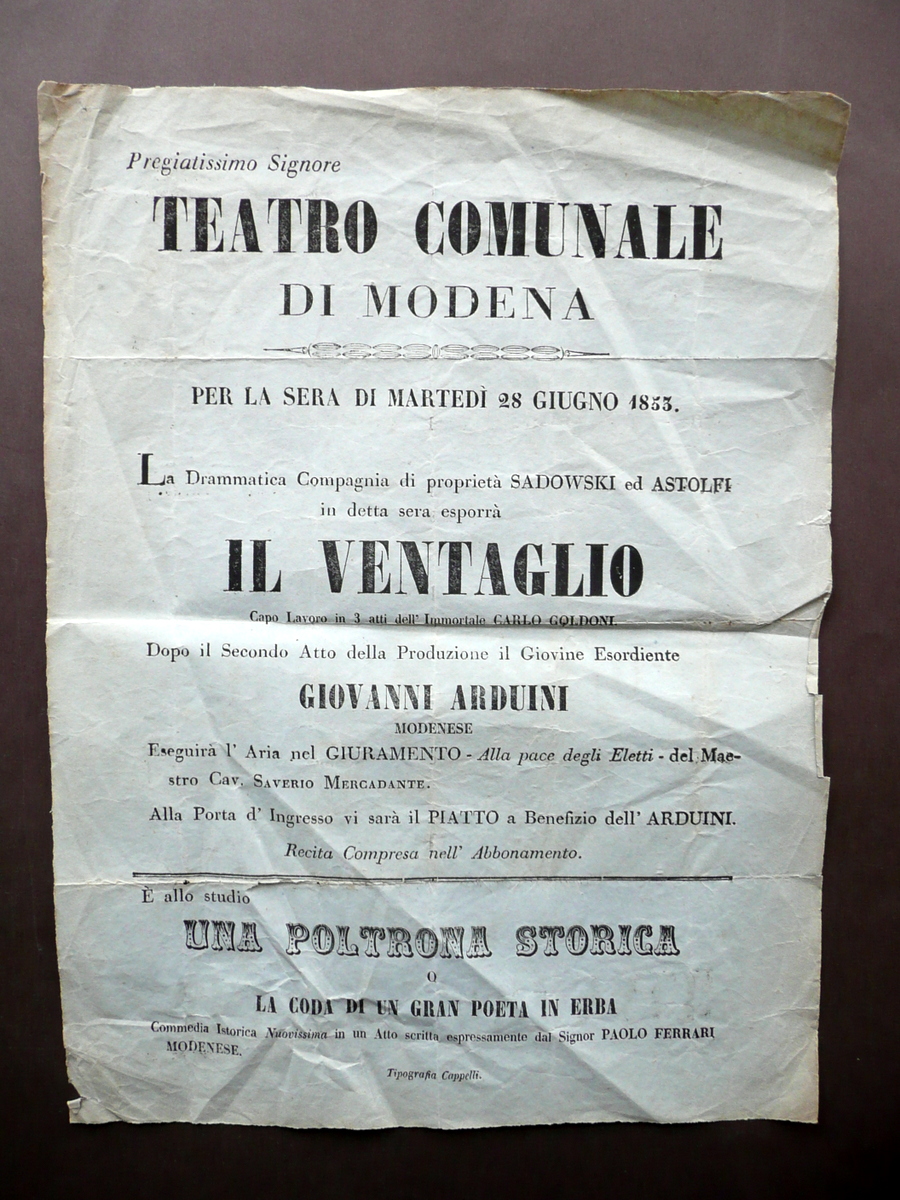 Manifesto Teatro Comunale di Modena 28 Giugno 1853 Il Ventaglio …