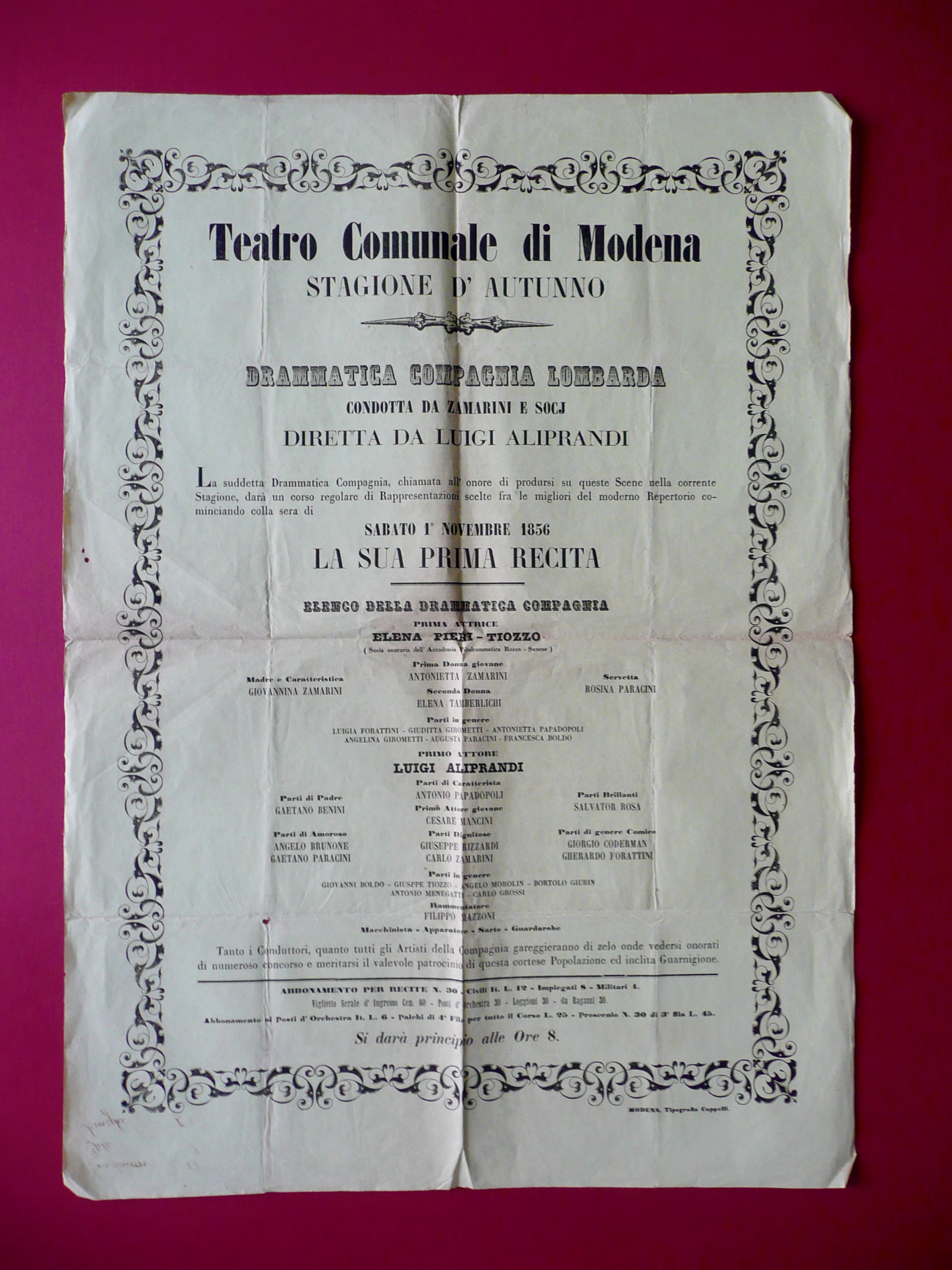 Manifesto Teatro Comunale Modena Compagnia Lombarda Zamarini Aliprandi 1856
