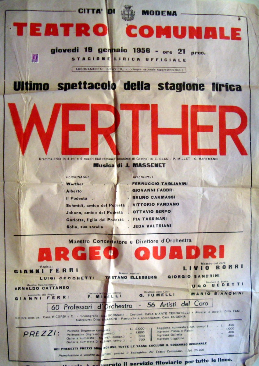Manifesto Teatro Comunale Modena Werther 1956 Tagliavini Argeo Quadri