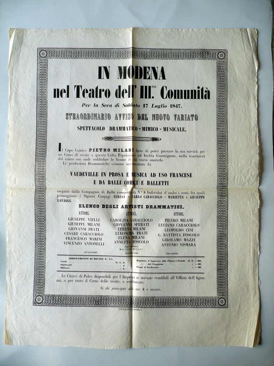 Manifesto Teatro Comunit‡ Modena Spettacolo Comico Mimico Musicale Milani 1847