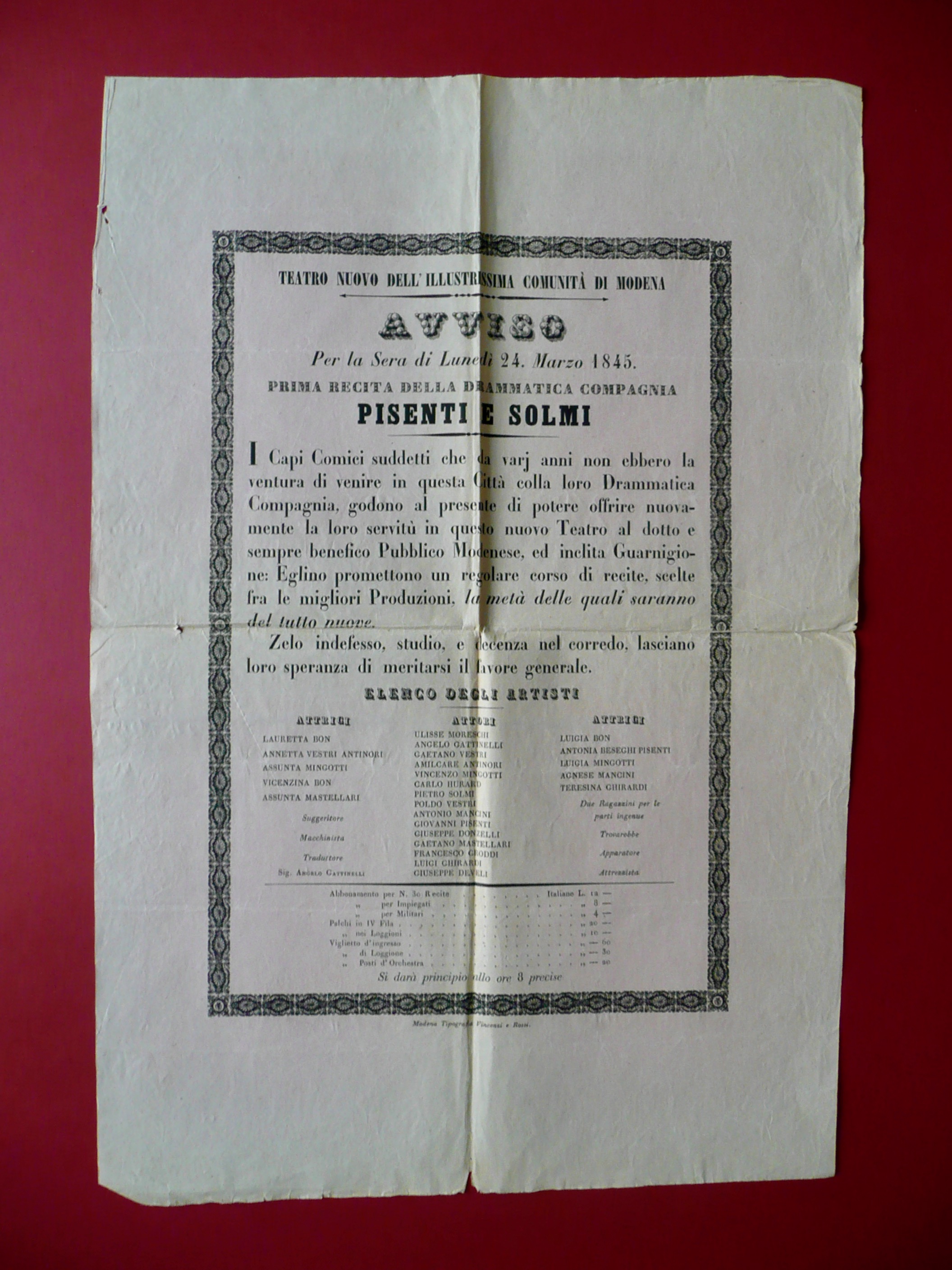 Manifesto Teatro Nuovo Comunit‡ di Modena Compagnia Pisenti e Solmi …