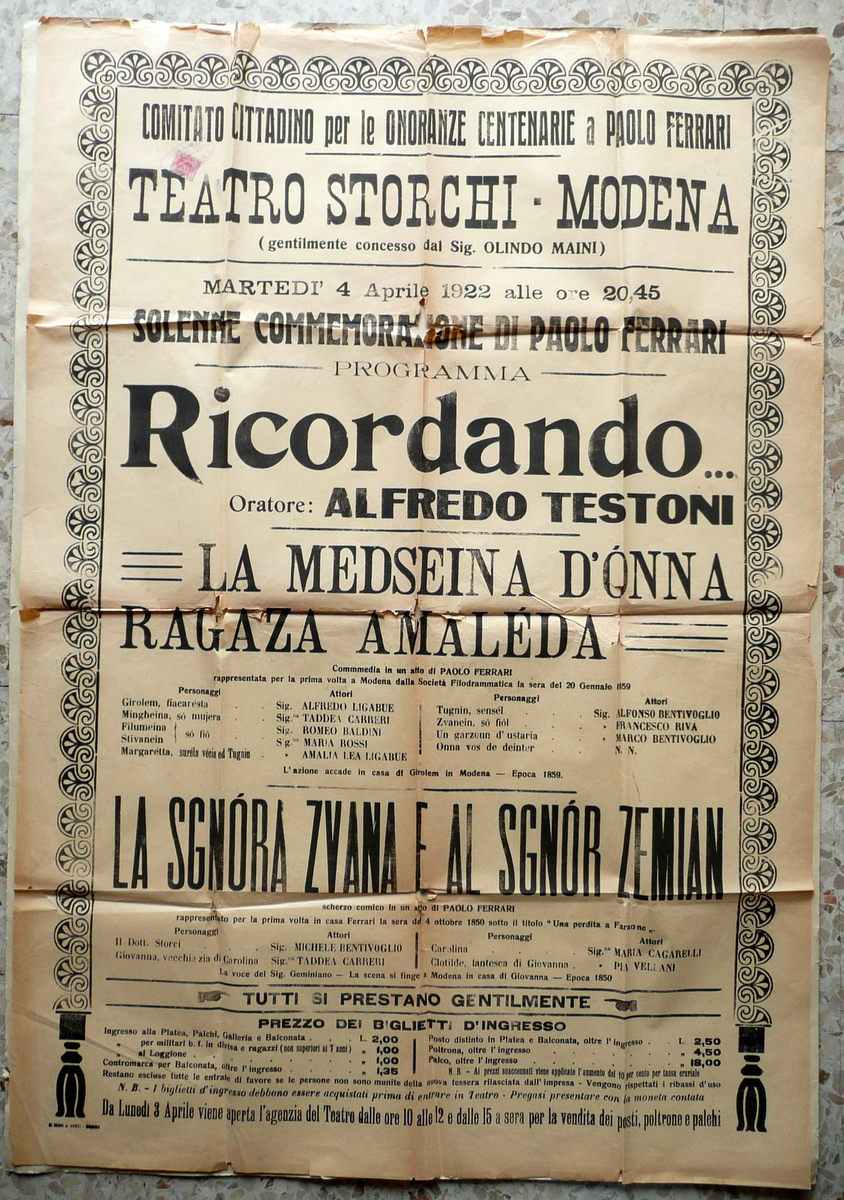 Manifesto Teatro Storchi Modena Commemorazione Paolo Ferrari Dialetto 1922