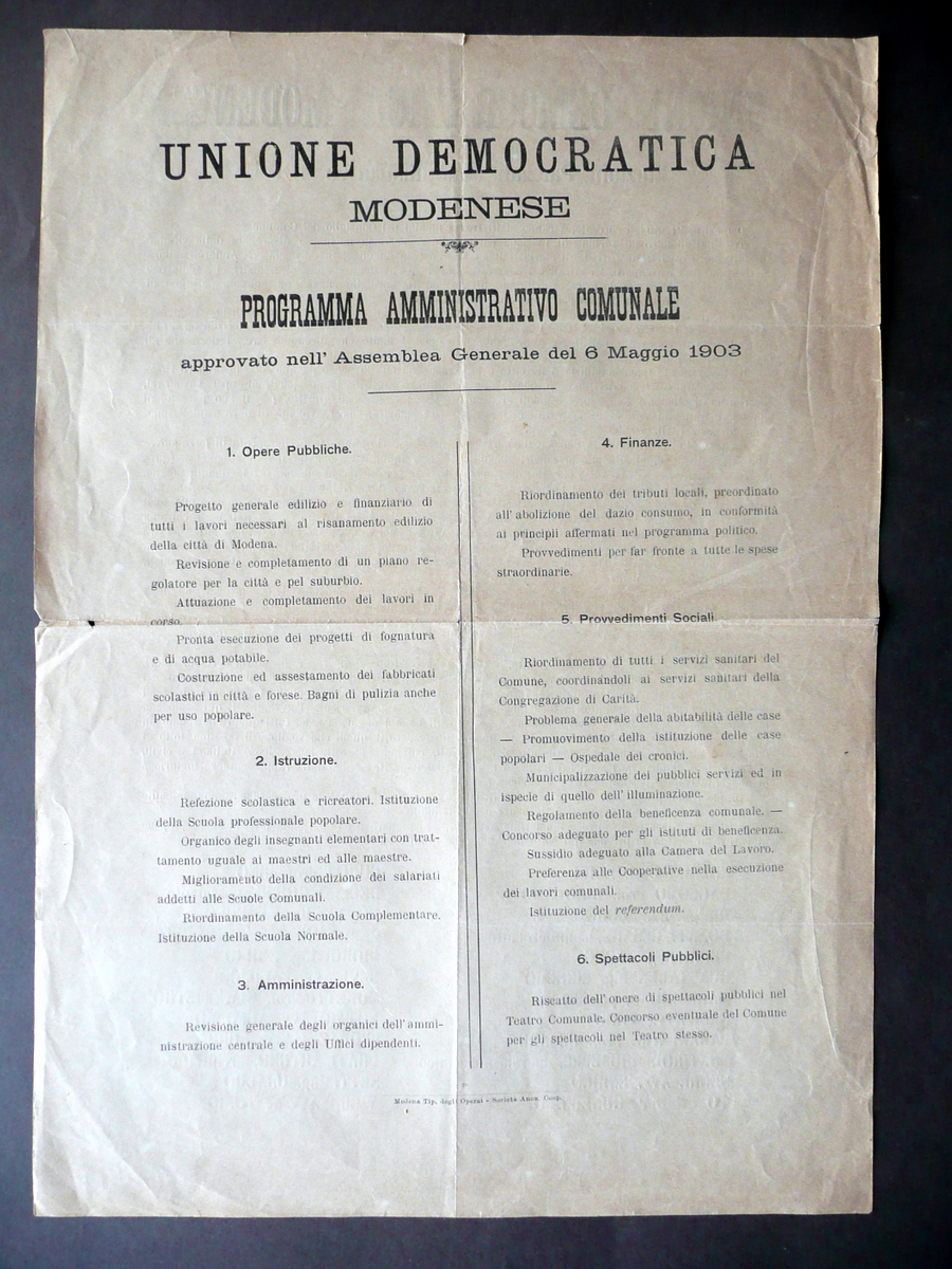 Manifesto Unione Democratica Modenese Elezioni Amministrative 1903 Programma