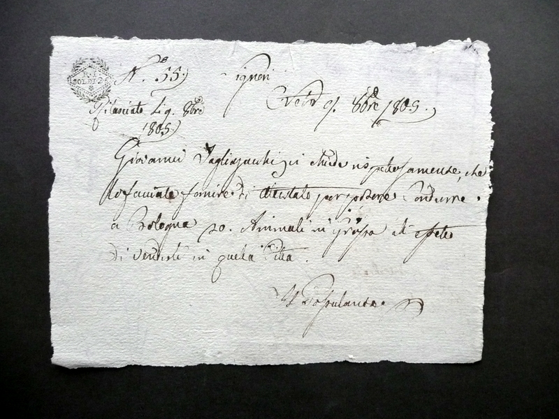 Manoscritto Castelvetro Richiesta Attestato Conduzione 20 Animali a Bologna 1805