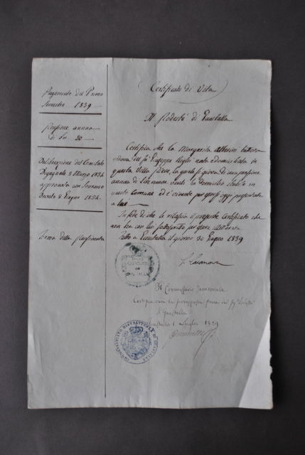 Manoscritto Certificato di Vita Podest‡ Guastalla Reggio Emilia Alborini 1839