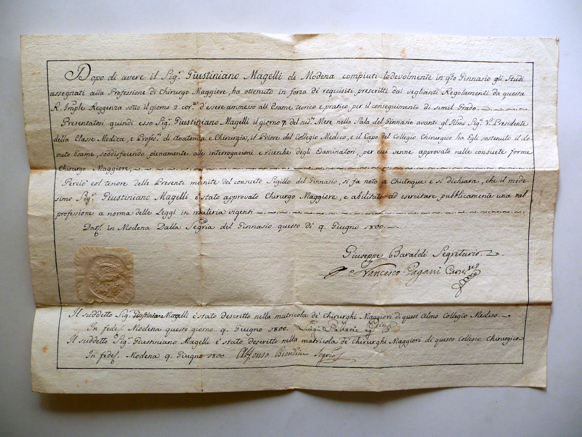 Manoscritto Diploma Abilitazione Chirurgo Maggiore Ginnasio Modena 1800 Sigillo