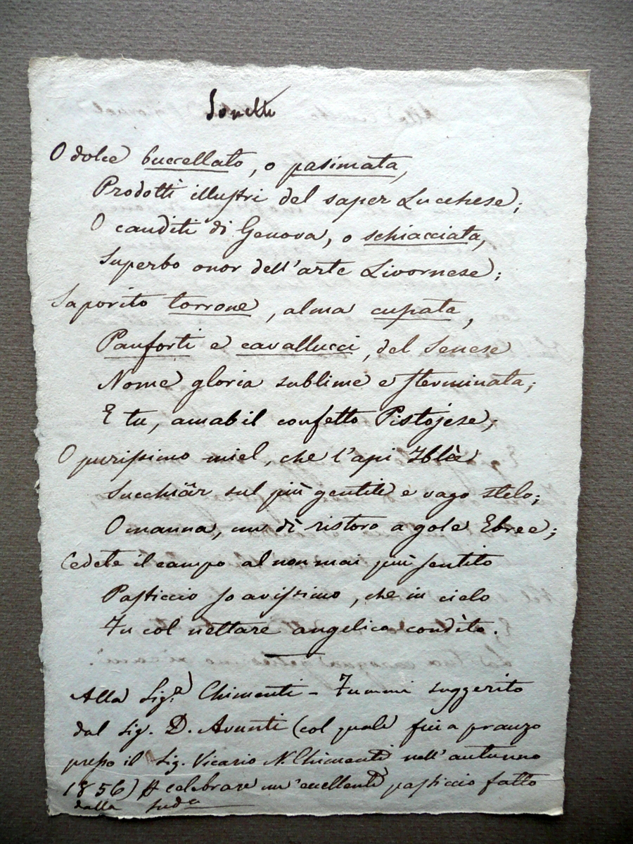 Manoscritto Due Sonetti Lode Cibi Dolci Al Giornale Civilt‡ Cattolica …