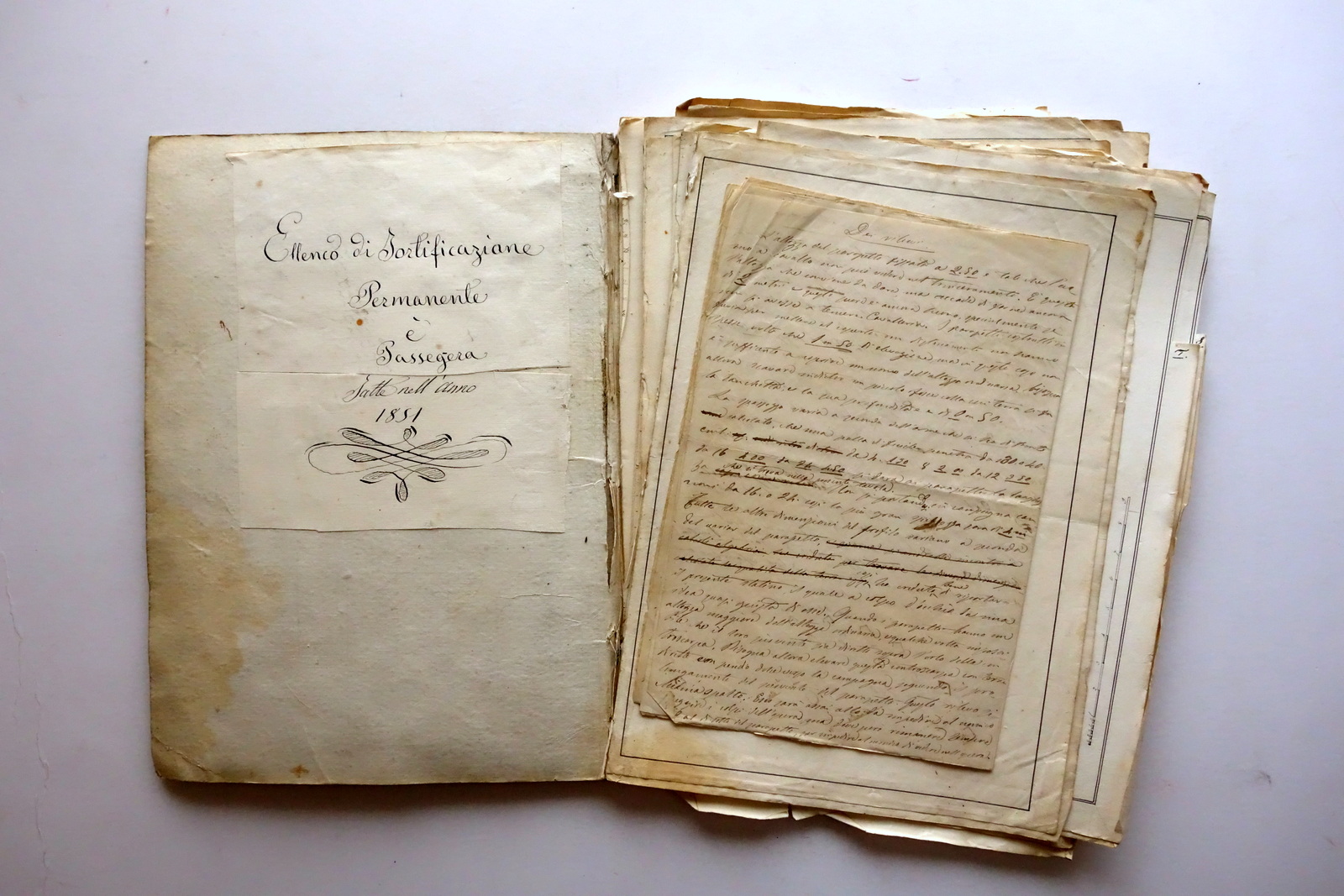 Manoscritto Elenco di Fortificazione Permanente e Passeggera 1851 Fortificazioni