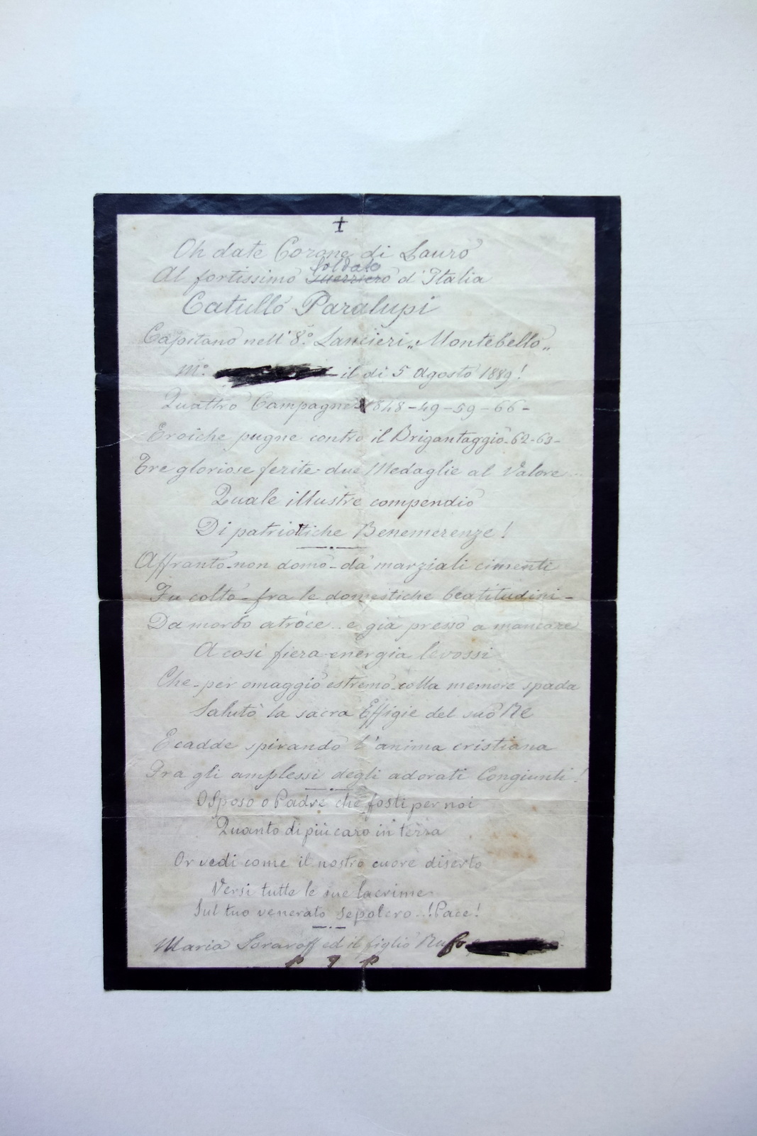 Manoscritto Epitaffio Capitano 8∞ Lancieri Montebello 1889 2 Medaglie al …