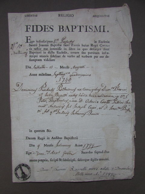 Manoscritto Fede Battesimo Reggio Emilia 1799 Religione S.Giovanni Battista