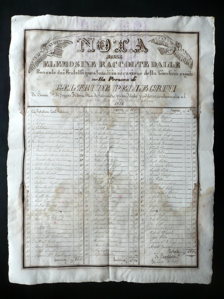 Manoscritto Manifesto Nota Elemosine Geltrude Pellegrini Parricidio 1838 Unico