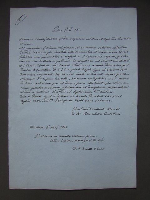 Manoscritto Pio IX Oratorio S.Carlo Modena 1857 Religione Lettera