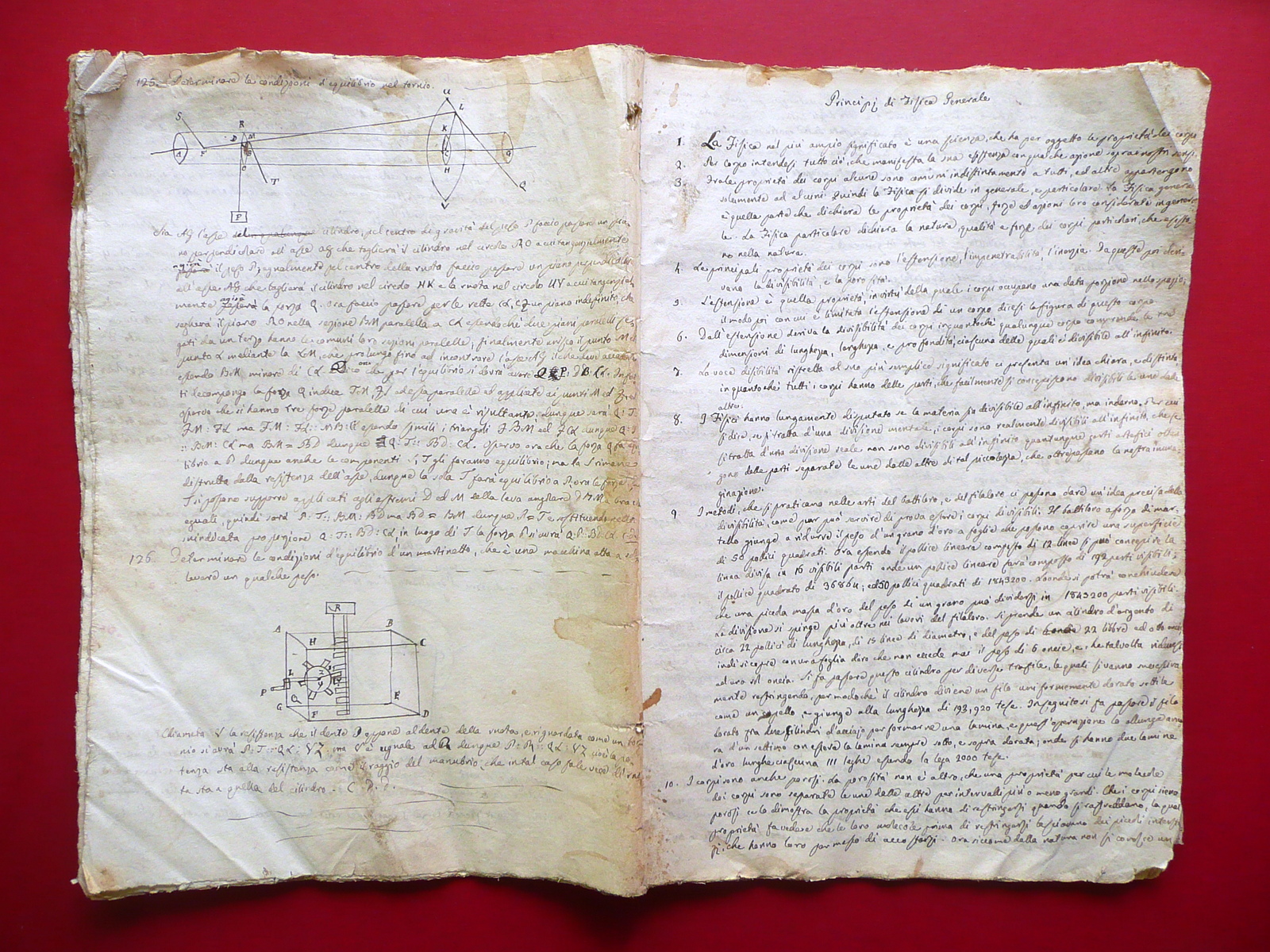 Manoscritto Principi di Fisica Generale Piano Inclinato Figure Primo Ottocento