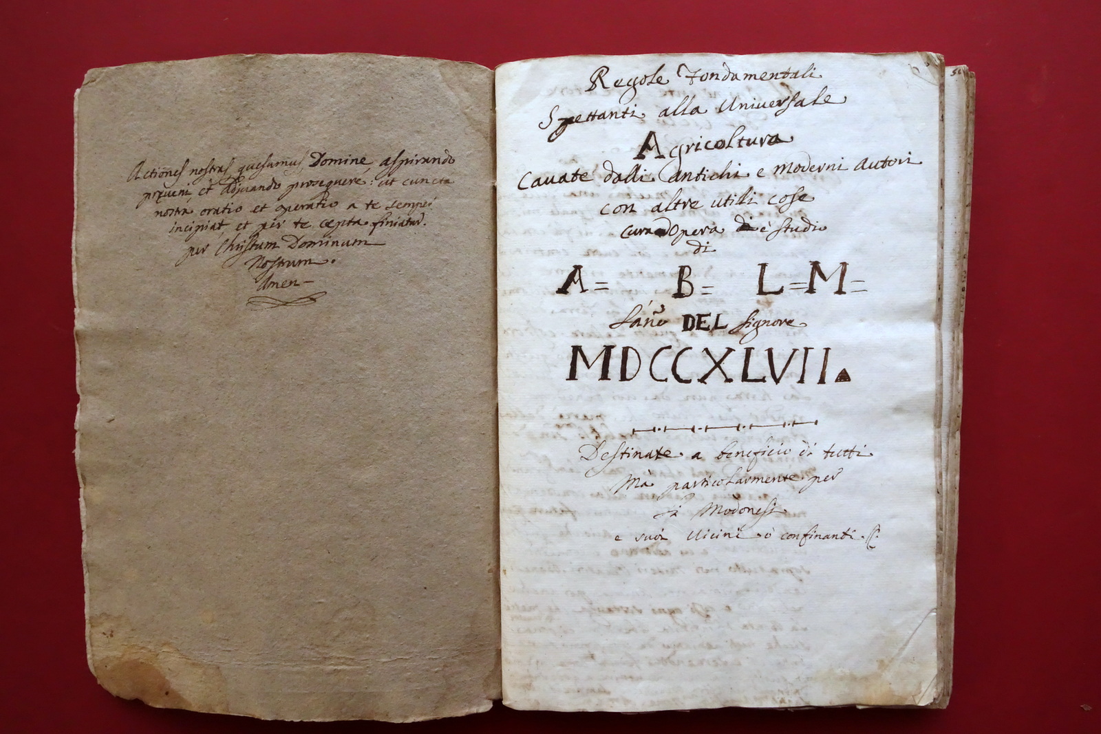 Manoscritto Regole Fondamentali alla Universale Agricoltura Modena 1747