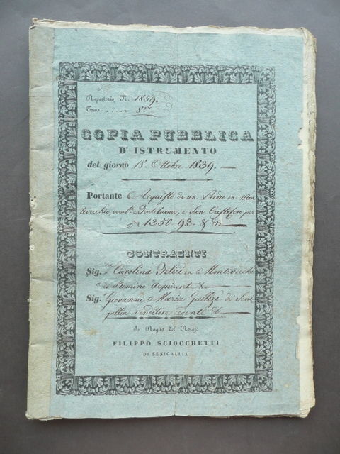 Manoscritto Rogito Copia Pubblica Acquisto Predio Montevecchio Senigallia 1839