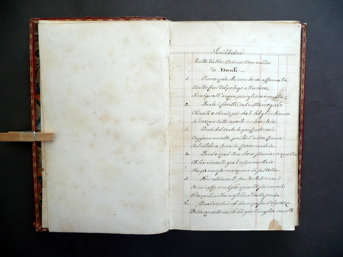 Manoscritto Similitudini Commedia Dante Gerusalemme Liberata Tasso Met‡ '800