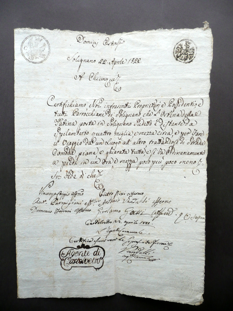 Solignano Castelvetro Osteria della Tabina Tempi di Percorrenza 1822