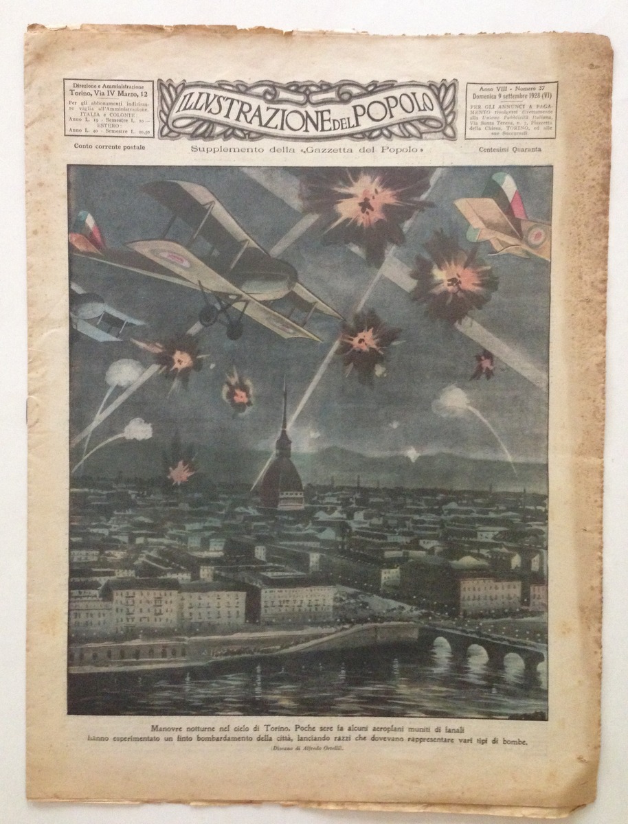 Manovre Notturne Torino Aeroplani Illustrazione del Popolo 9 Settembre 1928