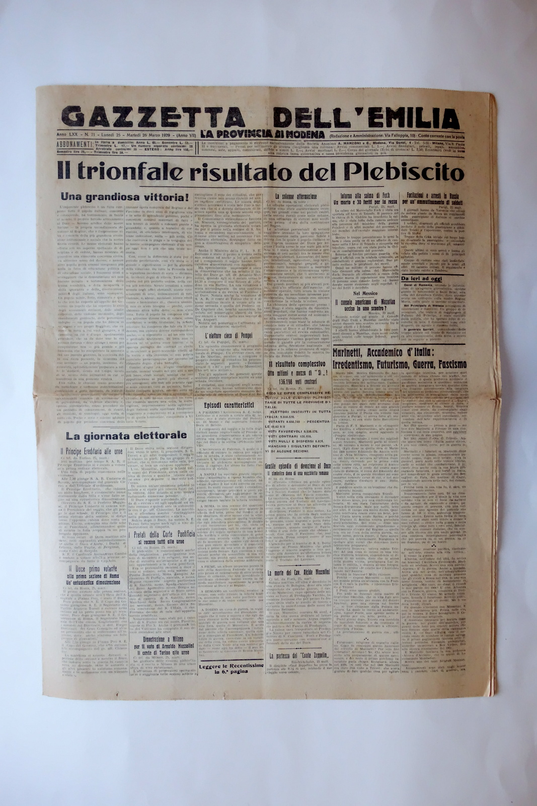 Marinetti Accademico Italia Futurismo Gazzetta dell'Emilia 26/3/1929 Sant'Agata