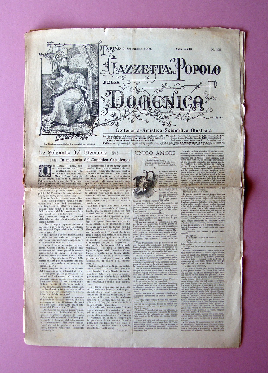 Memoria Canonico Cottolengo Bra Gazzetta del Popolo della Domenica 9/9/1900