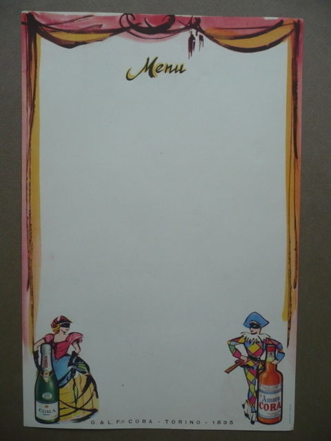 Men˘ Pubblicitario Fratelli Cora Amaro Brut Liquori Vini Giachino 1960