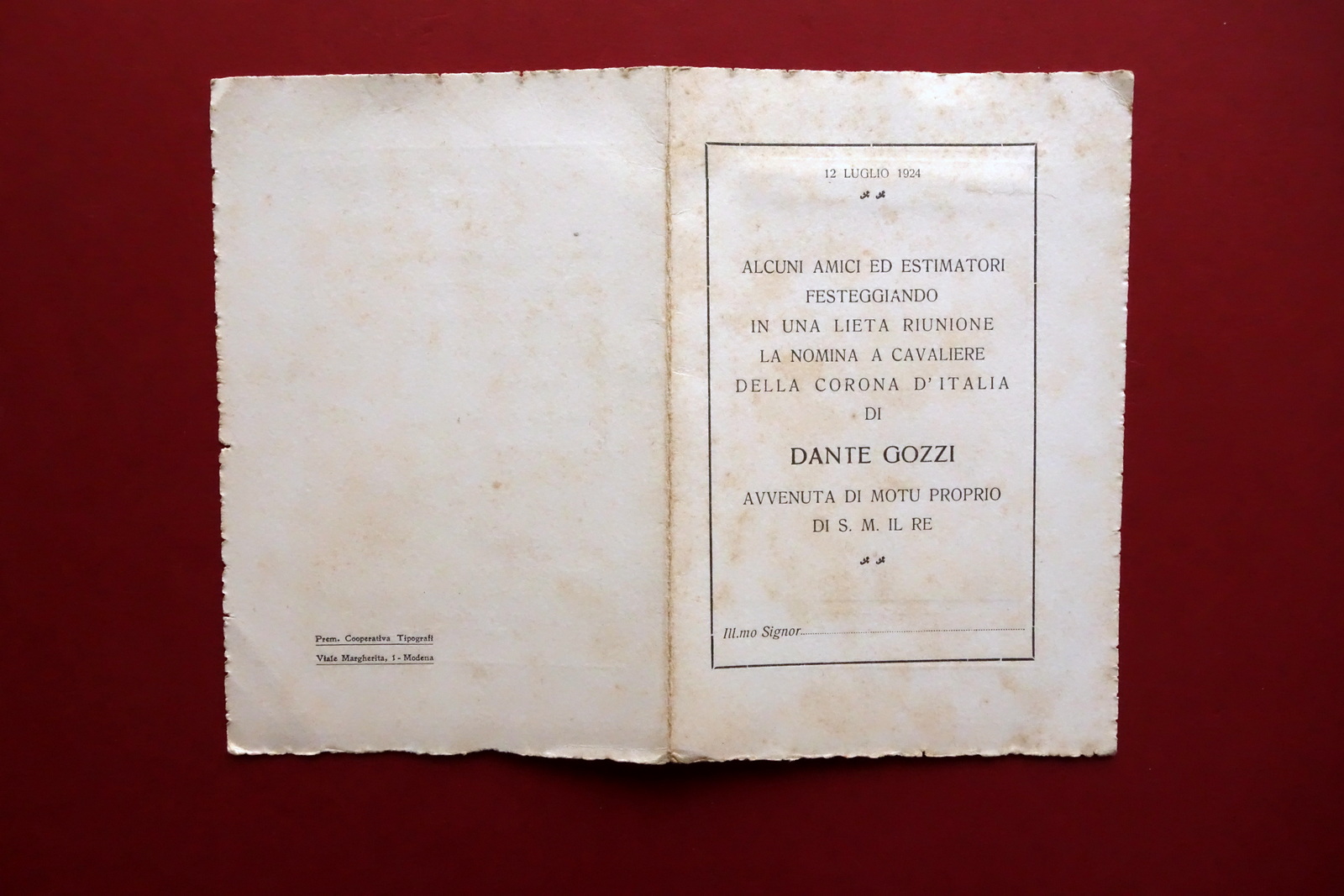 Men˘ Dante Gozzi Legatore Nomina Cavaliere Corona d'Italia 12/7/1924 Modena