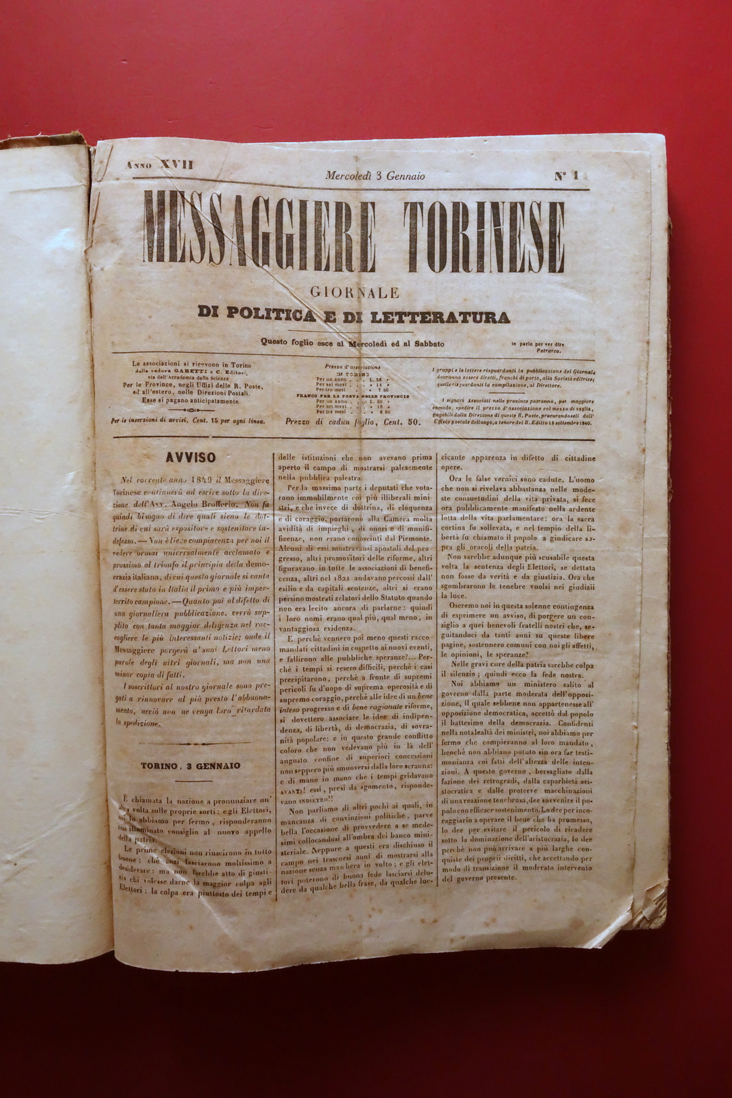 Messaggere Torinese Giornale Anno XVII 1849 104 Numeri Annata Completa