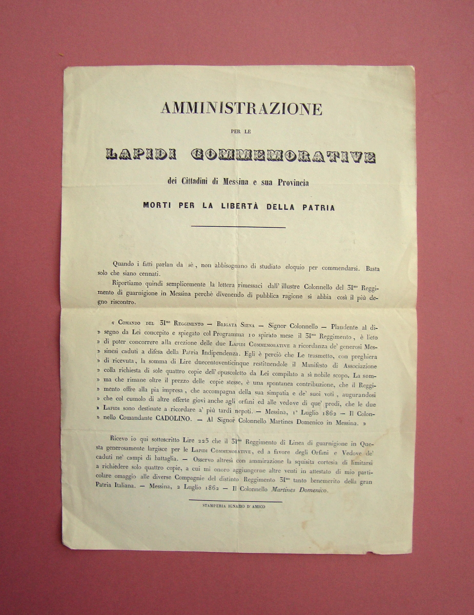 Messina Morti per la Libertà della Patria Manifesto Lapidi Commemorative …